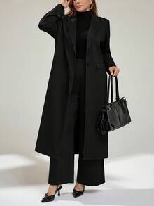 Auralis Plus Size Women's Spring And Fashion Casual Loose Comfortable Daily Versatile Slim Long Suit Jacket And Wide-Leg Pants Gray Suit Set,Old Money Style,Business Casual Woman,Office Outfits For Women,Work Wear, Outfits/ - Black - View 1