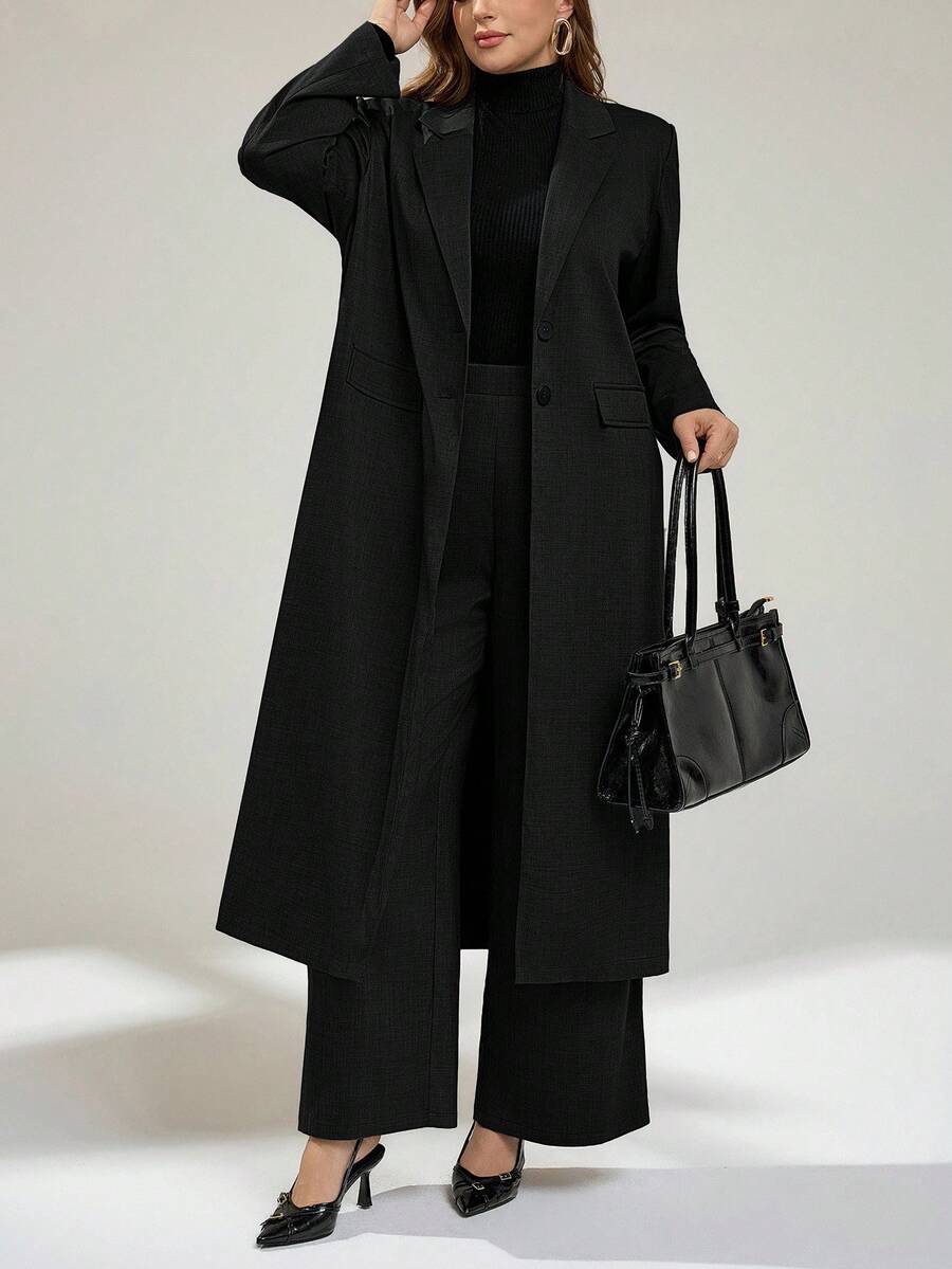 Auralis Plus Size Women's Spring And Fashion Casual Loose Comfortable Daily Versatile Slim Long Suit Jacket And Wide-Leg Pants Gray Suit Set,Old Money Style,Business Casual Woman,Office Outfits For Women,Work Wear, Outfits/ - Black - View 1