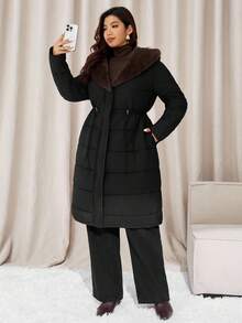 Auralis Plus Size Women's Autumn And Winter Fashion Casual Daily Brown Plush Splicing Black Mid-Length Waist Warm Coat,Women's Winter Clothes,Winter Outfits - Black - View 4