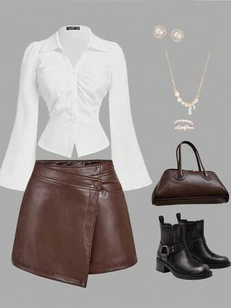 SHEIN MOD Große Größen Retro Braun asymmetrische Lagen Shorts - Collegestyle, 70er, Lässig, Komfortabel, Pendler, Old Money Ästhetik, geeignet für Schule, Lehre und Bürokleidung