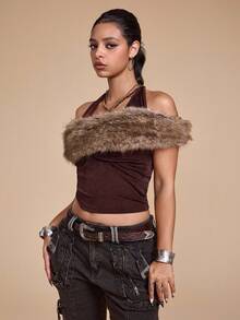 ROMWE Grunge Punk 女款 Y2K 复古毛茸茸短款开衫 - 棕色 - 查看 3