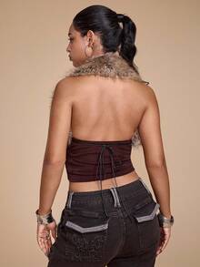 ROMWE Grunge Punk 女款 Y2K 复古毛茸茸短款开衫 - 棕色 - 查看 7