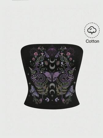 Gothic Dark Butterfly, Sun, Moon, Star, Snake, Plant Motif Sexy Vintage Style Women Top