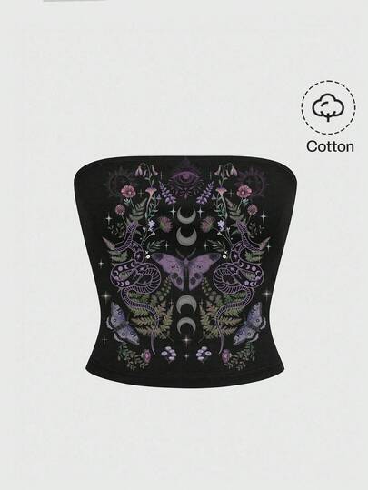 Gothic Dark Butterfly, Sun, Moon, Star, Snake, Plant Motif Sexy Vintage Style Women Top