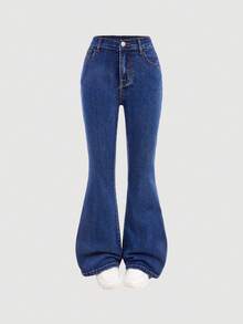 Girlism 少女时尚休闲 Y2K 复古酷炫街头风，重返校园学院风，闪耀立体钻石镶嵌翅膀刺绣图案，深蓝色牛仔弹力修身喇叭裤，柔软日常穿着，秋冬锐舞节和街头风，镶钻喇叭裤，靴型裤，镶钻翅膀 - 藍色 - 查看 3