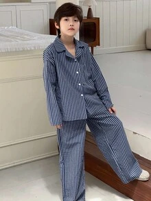 DAZY Tween Boy 条纹印花落肩宽松长袖上衣和裤子睡衣套装，春秋季 - 藍色 - 查看 6