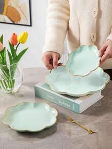 SHEIN 1pc Flower Shaped Gold Rimmed Tray, Multi-Purpose - Mint Green - View 3
