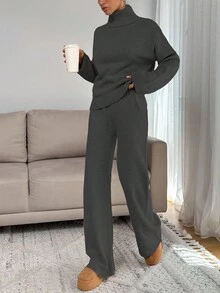 SHEIN Tall Women Relaxed Fit Turtle-Neck Sweater With Rib Knit Detailed And Straight Knit Pant Set, Tall Women - Grey - View 7