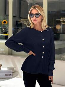 EURMUSE Damen einfarbige Strickjacke mit Knöpfen vorne und Rundausschnitt