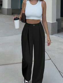 EMERY ROSE 大码百褶百搭办公裤 - 黑色 - 查看 3