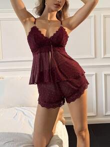 Aloruh 秋季优雅时令安哥拉红两件套。派对风格。时尚蕾丝水晶网纱吊带上衣和性感睡裤。适合圣诞节。女士内衣套装。两件套内衣套装。秋季女士睡衣短套装。 - 酒紅色 - 查看 6