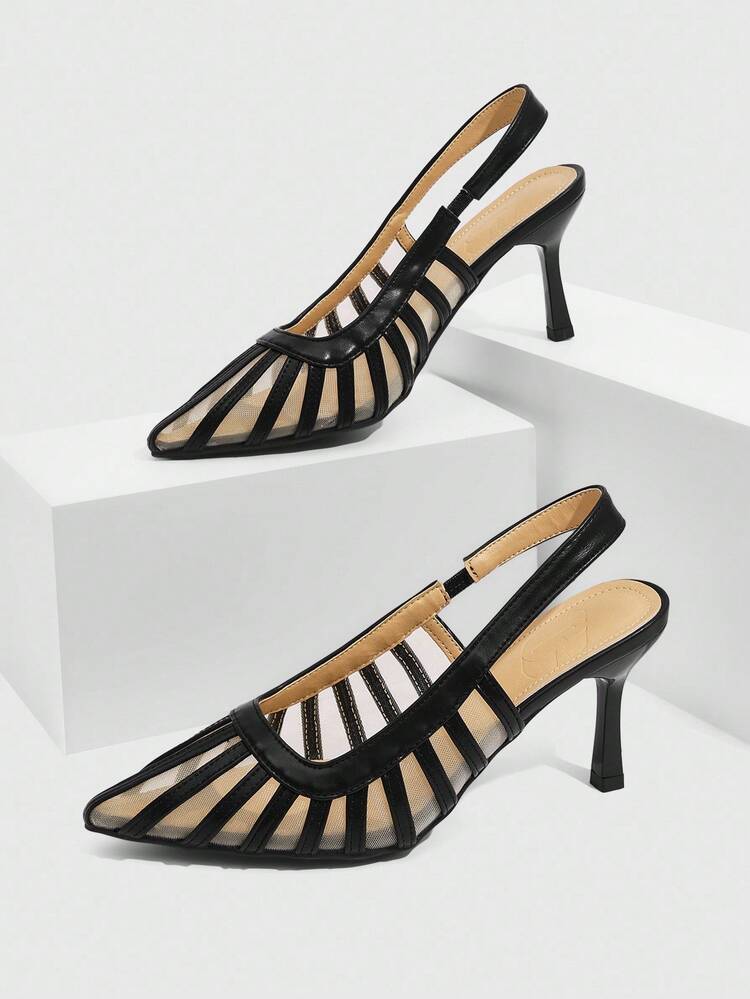 CUCCOO SZL 8cm Pointed Toe Hollow-Out Design High Heel Pumps, Fashionable & Elegant PU Leather Hollow Black Heels For Party, Daily Wear