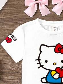 SHEIN Hello Kitty and Friends | Modeflare Wear 女婴休闲卡通印花短袖圆领上衣，适合夏季、学校、休闲、社交、派对 - 彩色 - 查看 5