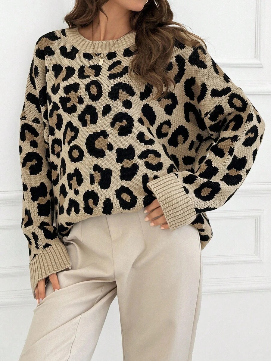 EURMUSE Woman Leopard Jacquard Print Detailed Cozy Soft Oversize Sweater - Brown - View 1
