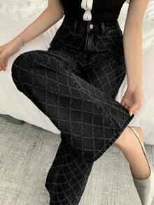 DAZY Fashionable Data Print Plaid Rhombus Retro Straight Leg Loose Casual Jeans For Women, Autumn/Spring - Black - View 1
