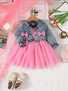SHEIN Baby Girl Autumn Denim Long Sleeve Jacket With Bow Decor And Mesh Hem Slip Dress Cute 2-Piece Set Fall Winter - Pink - View 1