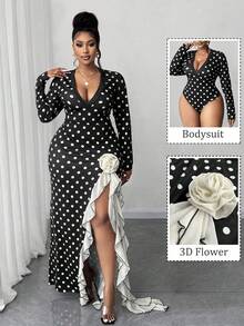 Maweii Completo da donna taglie forti in 2 pezzi: top a maniche lunghe con scollo a V a pois e gonna lunga con volant a contrasto e spacco alto, autunnale - Bianco e nero - Visualizzare 3