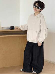 DAZY Plus Size Boys Casual Loose Fit Letter Embroidery Streetwear Sweatshirt, Autumn