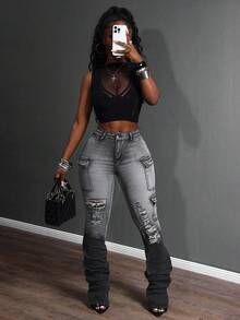 Slaydiva Quần ống rộng cạp cao màu đen co giãn cá tính cỡ lớn phong cách cowgirl dành cho nữ mùa đông, quần jean thu - màu đen - Xem 1