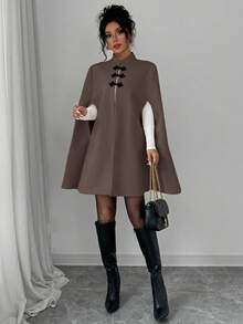 Rafferiza Áo choàng Poncho kiểu Trung Hoa cổ đứng thanh lịch màu tương phản dành cho nữ, vải len dày, mùa thu/đông - Màu nâu  Mocha - Xem 5