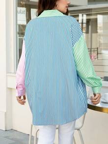 SHEIN LUNE 秋季休闲日常穿搭，大码女式几何印花长袖衬衫，休闲宽松舒适长款，适合居家和度假穿着，秋季，感恩节女式感恩节衬衫，节日长袖上衣，冬季女式秋季女式外出上衣，女士休闲衬衫，商务休闲女式工作服，教师服，社交衬衫 - 彩色 - 查看 2