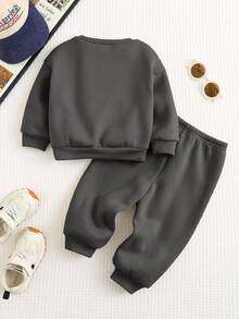 SHEIN Baby Boy Oversized All-Match Round Neck Sweatshirt, Casual Sports, Suitable For Spring, Autumn, Winter, For Home, Outing, School Wear - Dark Grey - View 2