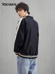 SHEIN 1 Áo khoác in chữ thời trang màu đen cho bé trai tuổi teen, vải mềm mại và thoải mái, phù hợp cho mùa thu/đông, ngoài trời, trường học, mùa tựu trường năm 2025, phong cách đại học, họa tiết đồ họa, áo khoác thường ngày - màu đen - Xem 4