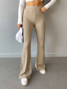 Cloudara Solid Color Wide Waistband Trousers - Beige - View 4