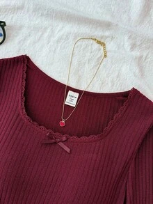 少女百搭休闲纯白针织圆领宽松长袖蕾丝蝴蝶结T恤上衣，返校季，可爱秋冬款 - 酒紅色 - 查看 3