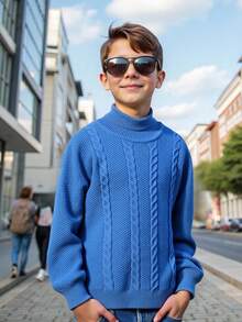 SHEIN Tween Boy Casual Versatile Cable Knit Sweater,Solid Fog Blue High Collar Turtleneck,Suitable For School,Autumn/Winter,Kids' Back-To-School,Sports - Blue - View 5