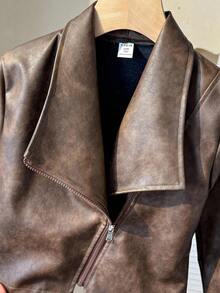 Stylish Modern Faux Leather Jacket, Suitable For Girls, Long Sleeve Outerwear Fall Winter - Brown - View 6