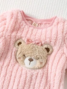 Cozy Pixies 2 pezzi Set di tuta da bambina con maglia a girocollo a maniche lunghe e pantaloni in vita elastica, con motivo a orsetto cartoni animati, foderata termicamente, comoda, versatile, alla moda per uso quotidiano, adatta per interno, esterno, sport, feste, Natale e altre occasioni in autunno/inverno. Outfit da orsetto per neonata, completo lavorato a maglia per neonata, set autunnale/invernale per neonata, tutina con orsetto, abbigliamento caldo per neonata. - Rosa - Visualizzare 5