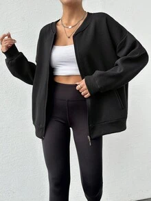 EURMUSE Cotton Women'S Fleece Lined Baseball Collar Zip-Up Sweatshirt - Black - View 3