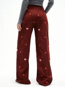 Calça reta de perna larga com bordado de coração em veludo, design retrô americano casual, solto, para outono/inverno - Castanho - Visão 2