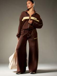 MISSGUIDED MSGD Premium Full Zip Track Jacket Retro Color Block Sweatshirt With Drawstring Waist Wide Leg Coordinates Fall Winter Collection Casual Loungewear - Coffee Brown - View 3