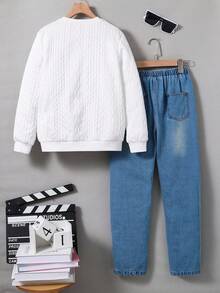 SHEIN 2pcs Tween Boy Casual Textured Sweatshirt And Denim Pants Set Chic Outfits For Autumn/Winter