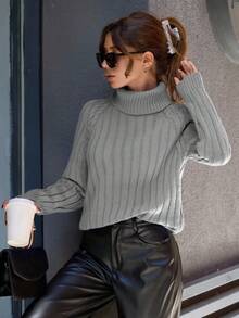 EURMUSE Casual Rib Knit Raglan Sleeve Cable Knit Detailed Turtle Neck Sweater,Jumper,Cream Jumper,Jumpers For Women,Jumpers,Black Jumper,Womens Jumper,White Jumper,Women's Jumper,Women's Jumpers,Winter Clothes - Light Grey - View 6