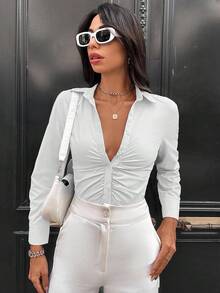 EURMUSE Cotton Solid Ruched Button Front Shirt - White - View 6