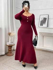 Modelyn 秋季大码女式优雅针织长袖连衣裙，纽扣设计，后背蝴蝶结装饰 - 酒紅色 - 查看 5