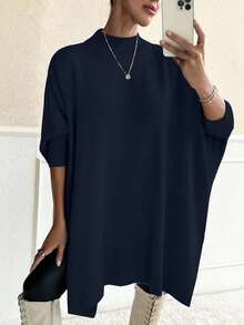 SHEIN Women Solid Color Mock Neck Half Sleeve Oversize Pullover