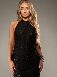 MISSGUIDED Sparkly Sequin High Neck Maxi Evening Gown With Open Back Floor Length Form Fitting Holiday Party Formal Prom Wedding Guest Special Occasion Sleeveless Dress - Black - View 3