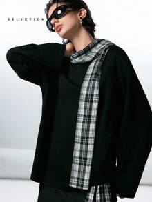 LYSMO SELECTION 2025 New Arrival Minimalist Fall/Winter Women's Plaid Hooded Loose Long Sleeve Casual T-Shirt, Comfortably Versatile, Vintage And Artistic Style, Relaxed Chic Look, Black Knit Scarf Layered Design, Plaid Elements, Perfect For Urban Commute, Soft And Warm Fabric, Stylish Layered Detailing, Ideal For Everyday Autumn And Winter Outings Black Top Scarf Top Black Long Sleeve Shirt Plaid Scarf,Christmas