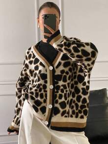 DAZY Áo len cardigan dài tay dáng rộng cổ chữ V họa tiết da báo thường ngày cho nữ mùa thu/đông - Nhiều màu - Xem 4