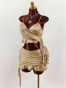 Amplova Y2K Amplova Fall/Winter Christmas New Year Thanksgiving Party Sexy Elegant New Year Tight Pleats Ruffles Party Cropped, Flowy Ruffled 2 Pieces Set For Women