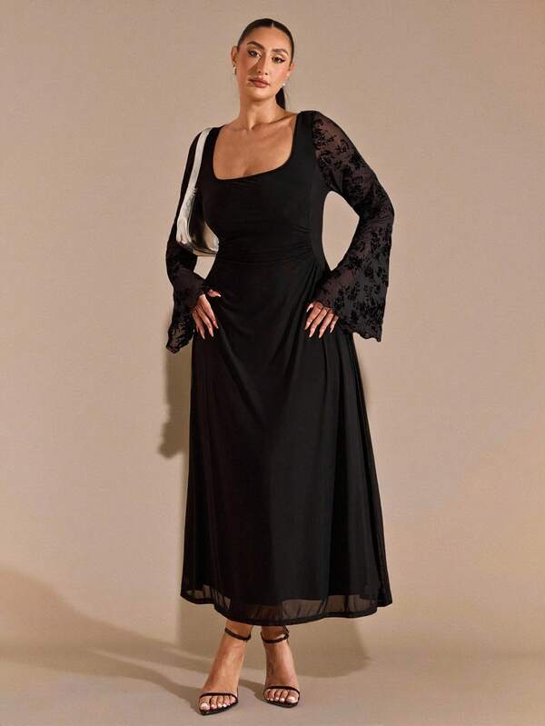 SHEIN BAE Plus Size Graceful Vintage Style French Vanilla Color Long Sleeve Square Collar Fitted Dress For Ladies, Curvy Elegant Dresses For Party/New  Fall Fashion Clothes For Women,Autumn Outfits Women Plus Size ,Halloween Costume,Wedding Guest Dress Women,Going Out Dress Women,Homecoming Dress,Formal Dress Plus Size,Fall Clothes Plus Size,Plus Size Woman Dresses,Dresses Classy Elegant,Birthday Dresses For Women,CURVE,Christmas Women's Clothing,National Day,Graduation/Black Dress