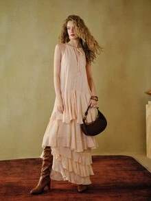 MOTF STUDIO OVERSIZED HEM ROMANTIC FLOWY RUFFLE HEM DRESS - Pink - View 4
