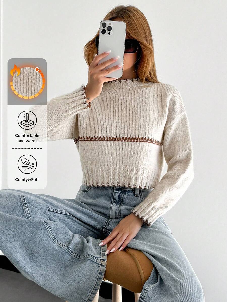 女士撞色边饰优质拉绒纱舒适保暖毛衣 - 米色 - 查看 1