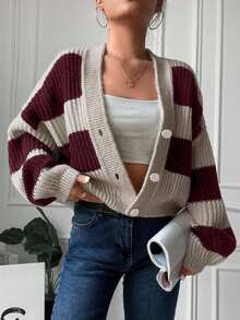 SHEIN Women's Striped Drop Shoulder Long Sleeve Single-Breasted Casual Loose Cardigan