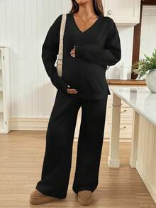 SHEIN Maternity 2pcs Casual Black Winter Clothes,Solid Color Top And Pants Set,Comfortable Lounge Sets For Photoshoot Fall Autumn Two Piece Set Women - Black - View 6