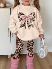 SHEIN 两件套少女休闲可爱复古豹纹蝴蝶结装饰圆领舒适长袖卫衣和打底裤套装，适合秋冬季学院风、舒适风、美拉德印花风、动物纹风、Y2K风、秋季服装。 - 彩色 - 查看 4